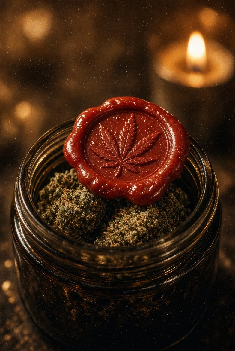 Sceau de cire rouge gravé d'une feuille de cannabis